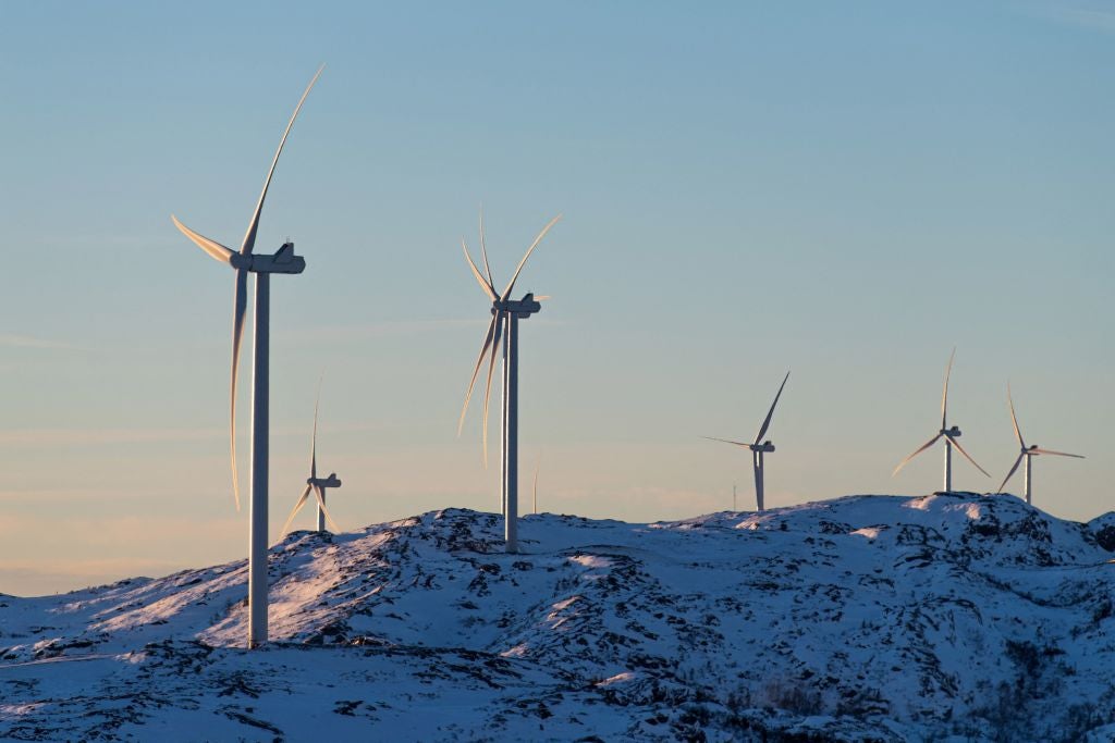 Wind turbines of the Storheia wind farm, one of Europe's largest land-based wind parks, in Afjord municipality, Norway.