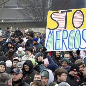 Farmers gather in front of the EU Parliament building to protest against the free trade agreement between the EU and the Mercosur countries, on the day of a vote on a referral to the courts, in Strasbourg on 21 January 2026. Credit: Elyxandro Cegarra/Anadolu via Getty Images