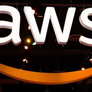 Large AWS sign. Amazon Web Services (AWS) is a subsidiary of Amazon that provides on-demand cloud computing platforms for its customers