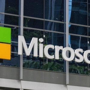 Sign of Microsoft on the facade of building in Singapore.