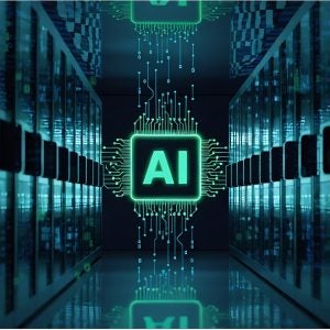 AI infrastructure. Servers in data center. Equipment for artificial intelligence. AI logo near computer equipment. Infrastructure for neural networks concept
