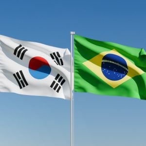 Wavy South Korea and Brazil Flags and Clear Blue Sky