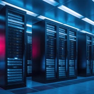 A server room illuminated with blue and red lights, highlighting the data center infrastructure and the critical role of technology in modern data management systems.