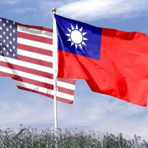 American flag with Taiwan flag on cloudy sky. waving in the sky