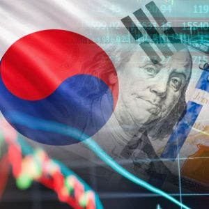 South Korean flag overlaying a US dollar bill and stock charts.