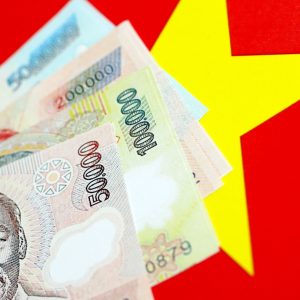 Vietnamese dong currency money bills lies on flag close up. The concept of business and investment